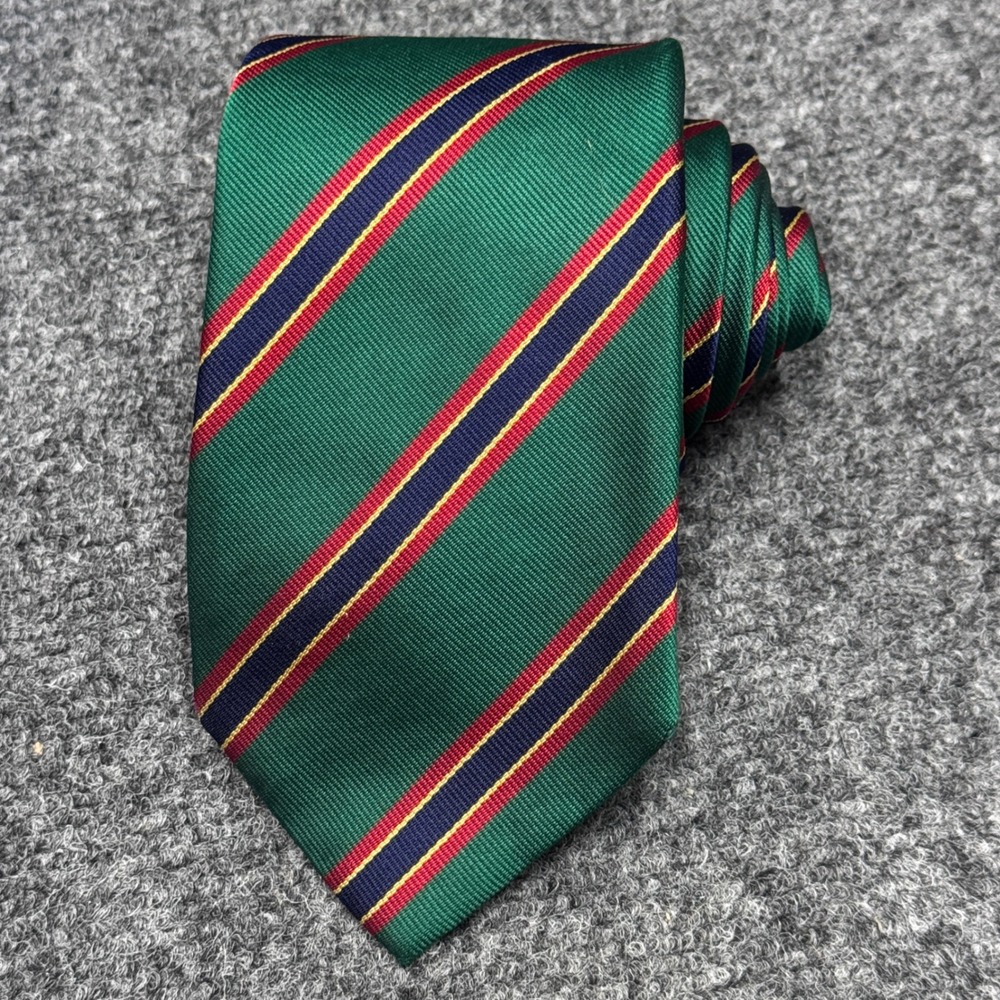 Lands' End Tie Mens OS Green Striped Ansford College Preppy Dark Academia 0393